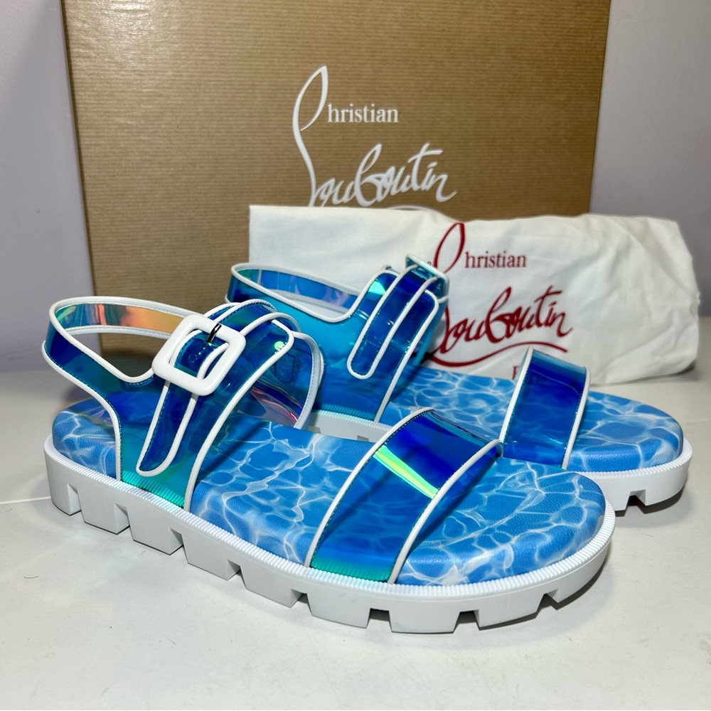 NEW CHRISTIAN LOUBOUTIN DUNISS COOL SANDALS IRIDESCENT BLUE/WHITE LUG SOLE SZ 37 - Picture 6 of 16